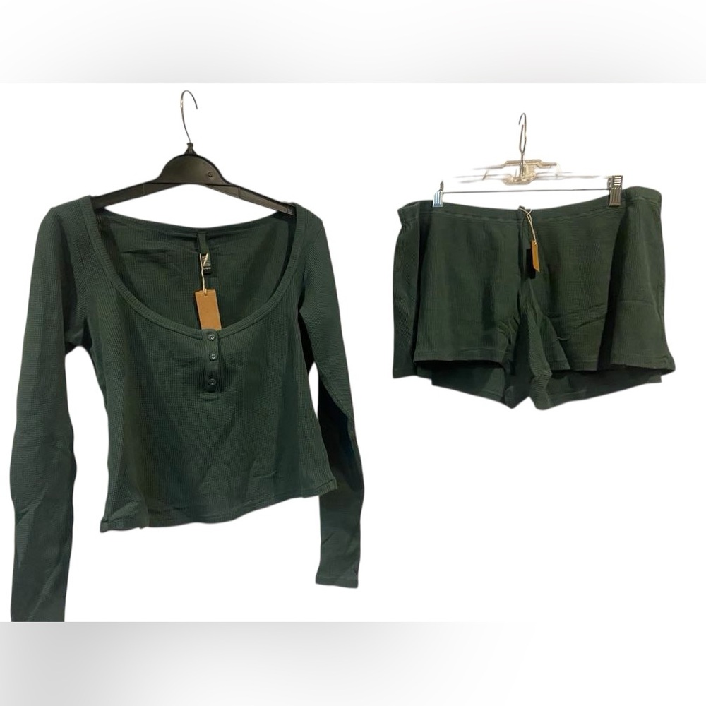 SKIMS Olive Green Ribbed Long Sleeve Henley Top & Shorts Set